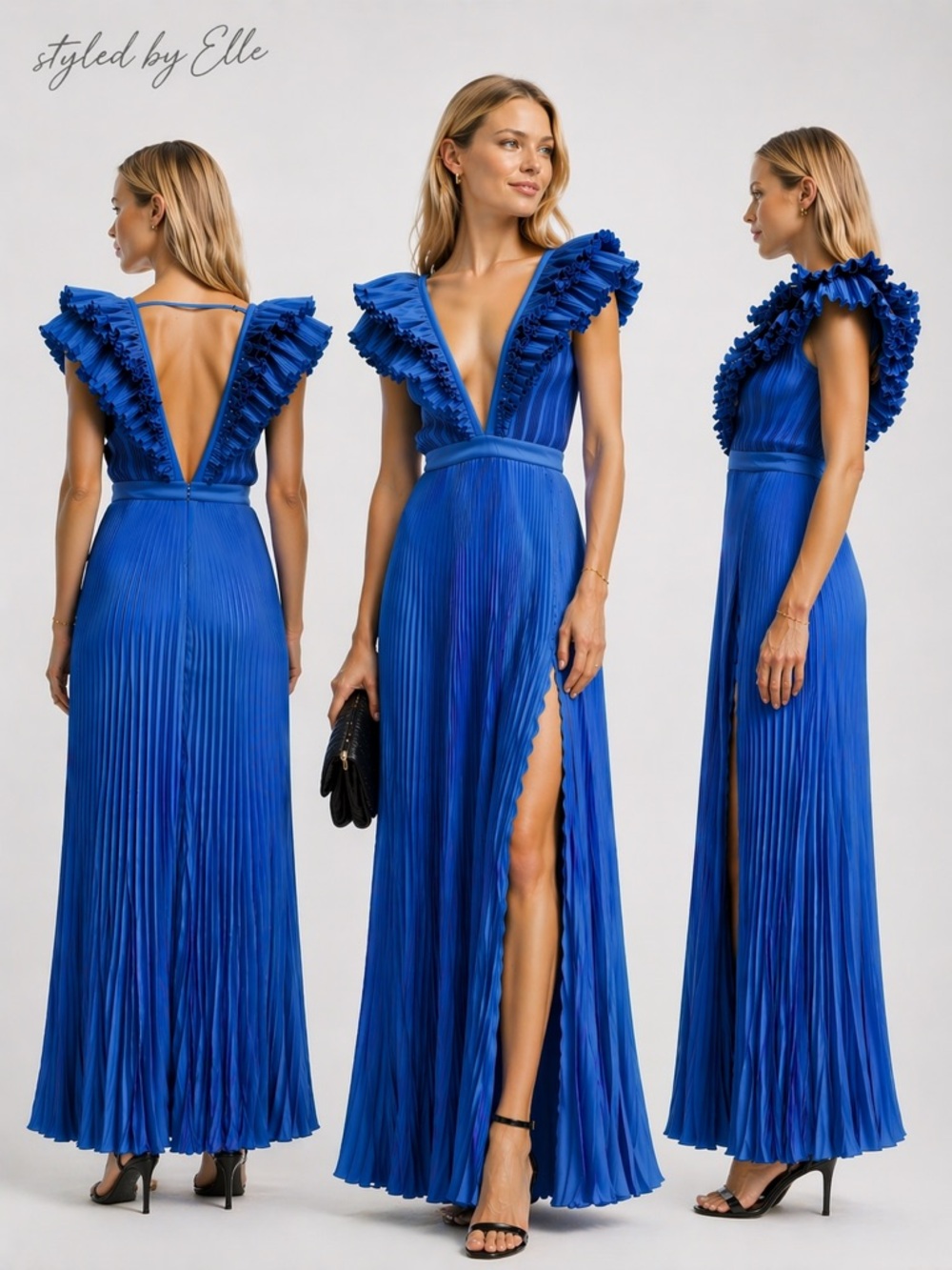 L’idee Tuileries Split Gown Blue Pleated Ruffle Shoulder Maxi Dress US Size 4